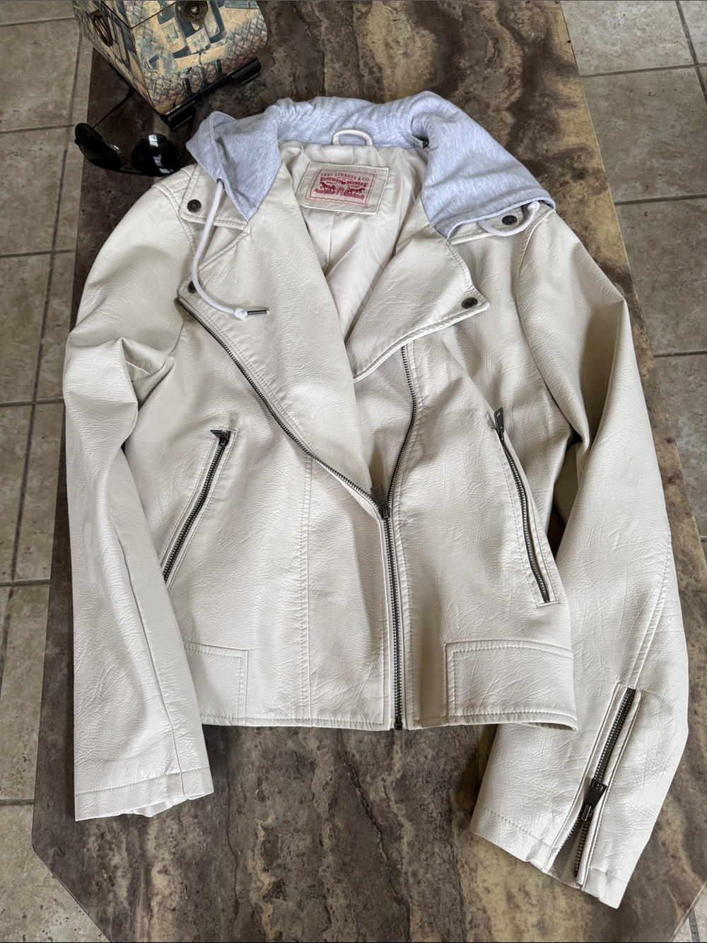 Levi's Cream Faux Leather Moto Jacket with Removable Hood XXL